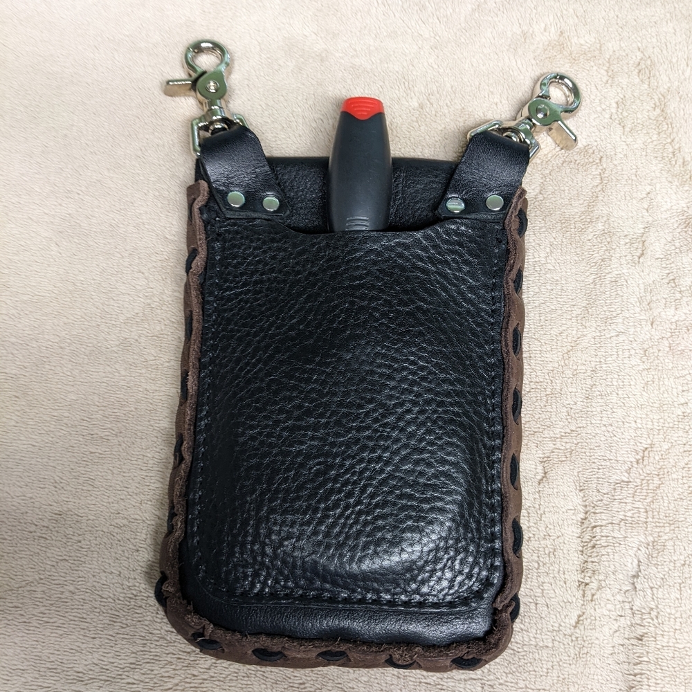 Handmade Clip on purse Leather 2 toned black brown 3 compartments woven sides - Picture 3 of 9